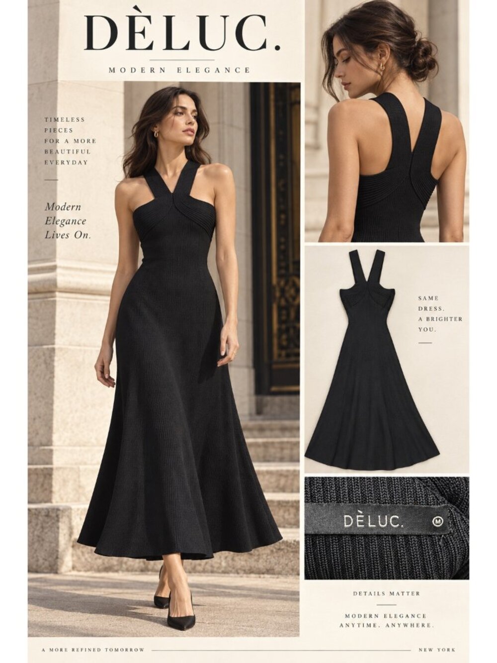 DÈLUC Black Knit Maxi Dress M Strappy Cutout Fit & Flare Minimalist Elegant